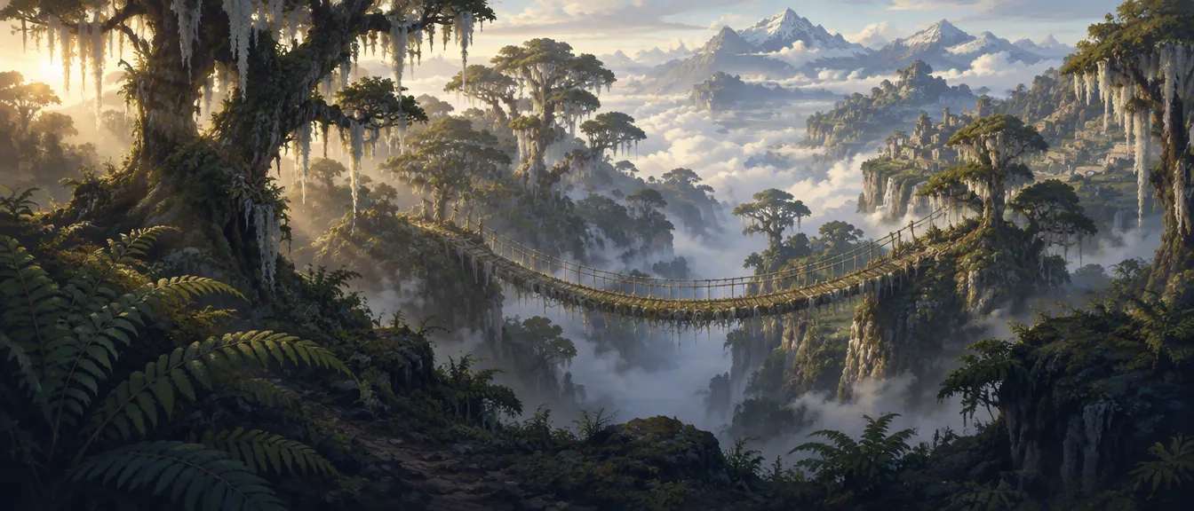 Hutan awan dengan pohon berjanggut lumut dan jembatan tali rumput yang melintasi jurang berkabut.